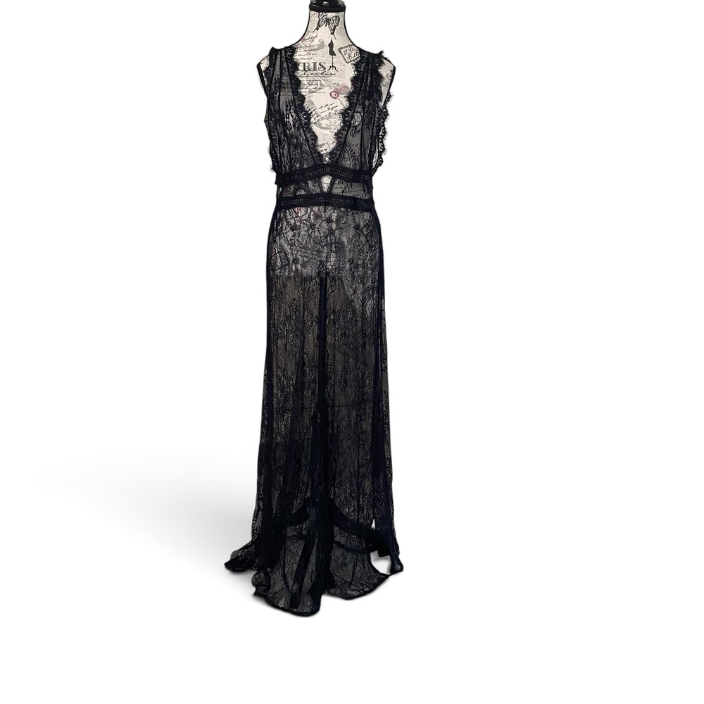 Lace Maxi Dress Women XL Black Sheer V-Neck Eyelash Trim Gown